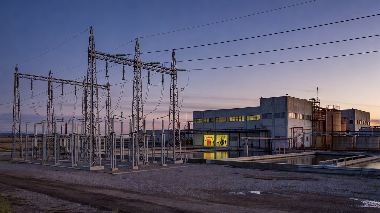 Electrical substation and water treatment facility at dusk with an operations control room visible in the background