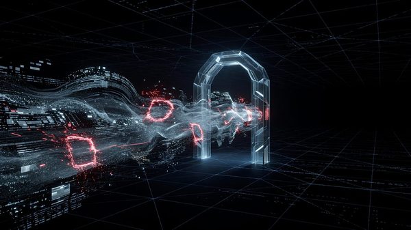 Data flowing through a security checkpoint with some records flagged and blocked while others pass through to an external network