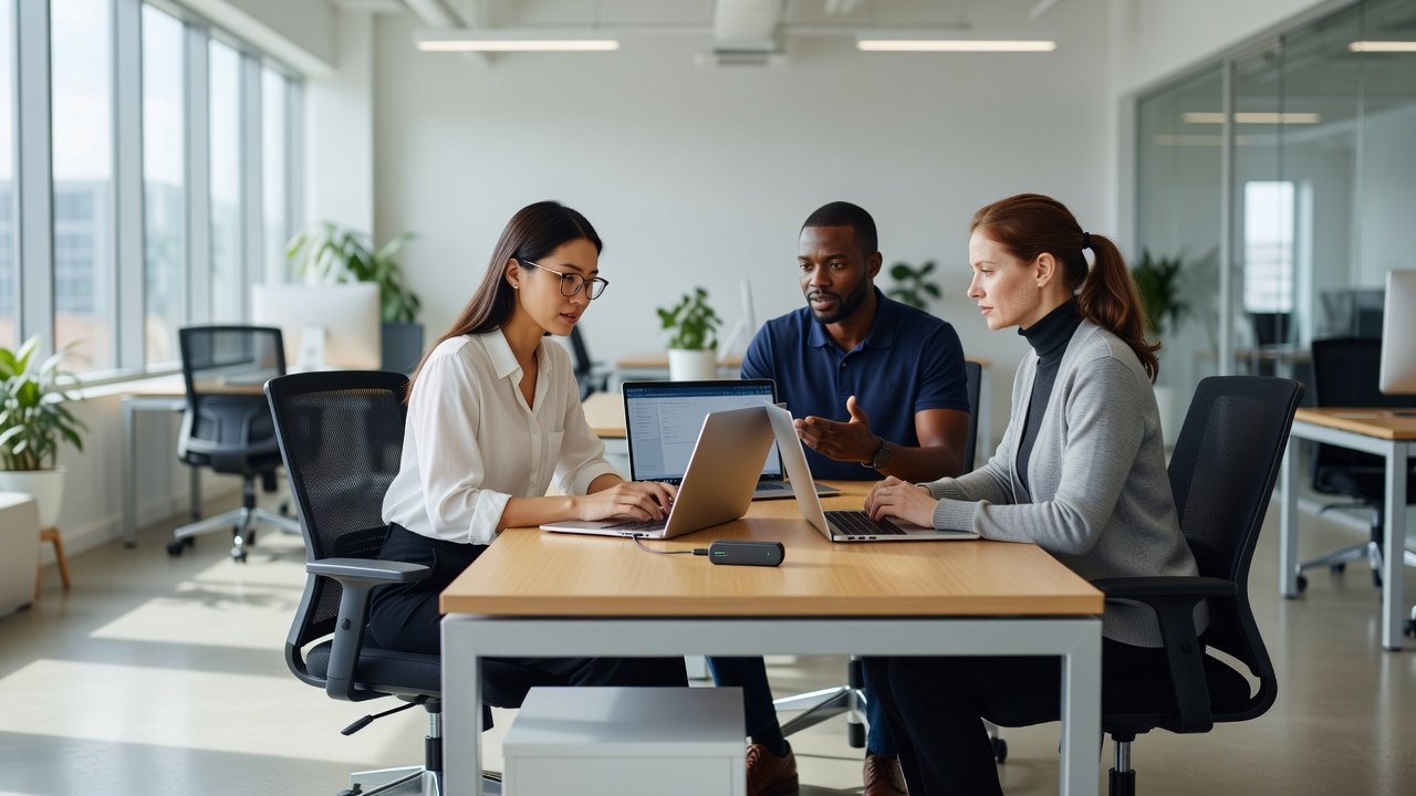 Employees at a shared office workstation with a small hardware security key plugged into the computer beside a laptop