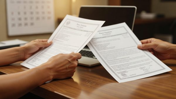 Procurement reviewer comparing cryptographic module validation certificates side by side at a desk with a calendar visible