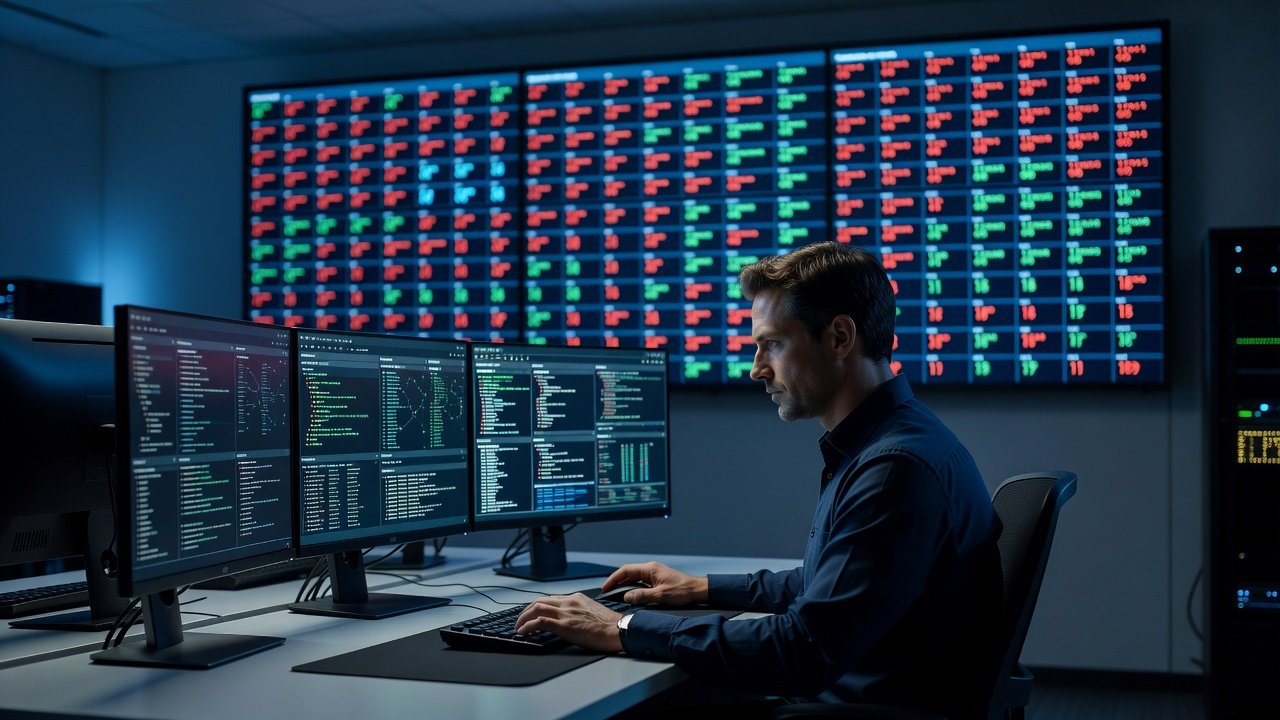 Security operations analyst reviewing a technique coverage matrix on a large monitor, with one column highlighted and splitting into two