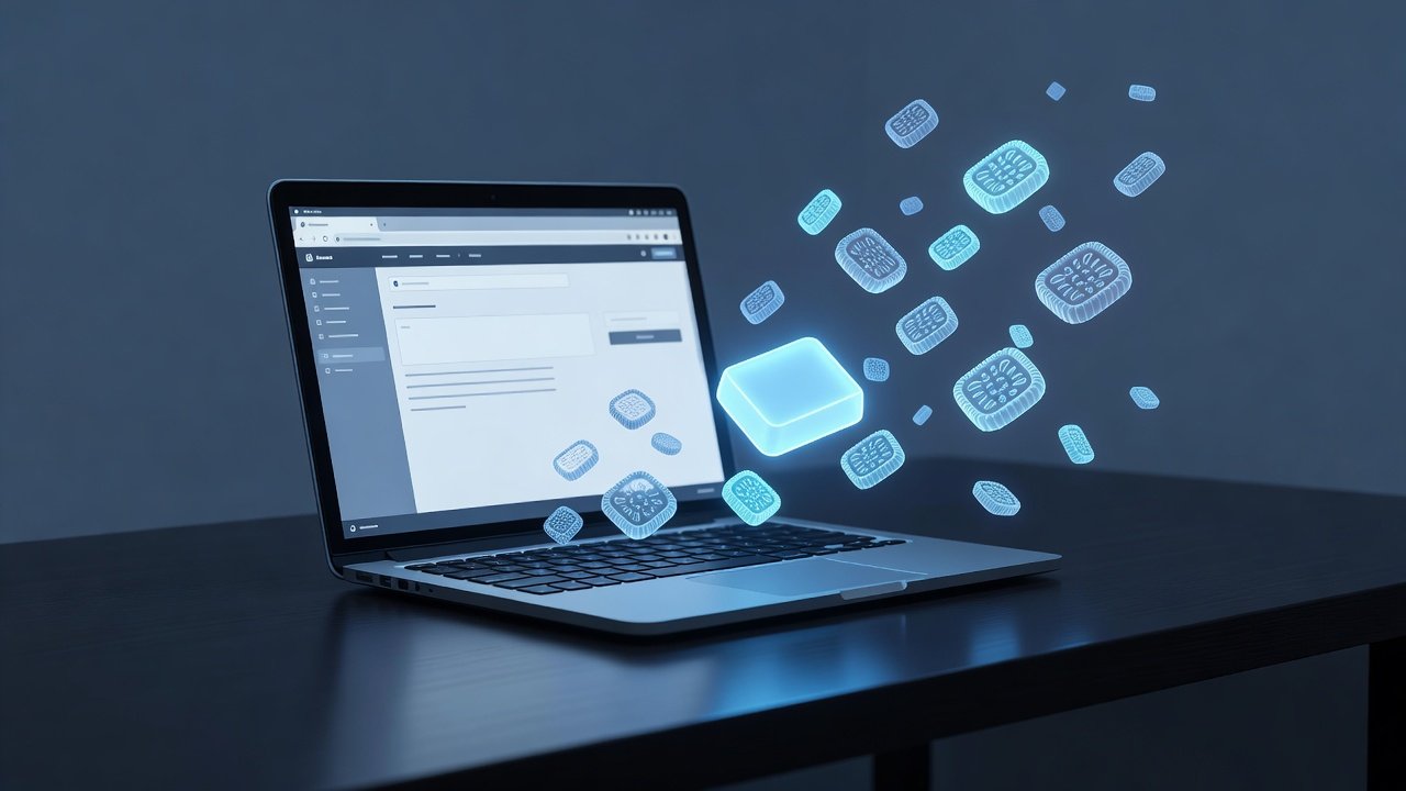 Laptop on a desk with a browser window open and a translucent digital key fragment hovering above the keyboard