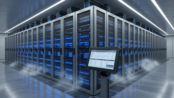 Data centre server racks with a virtualization management console visible on an operator terminal in the foreground
